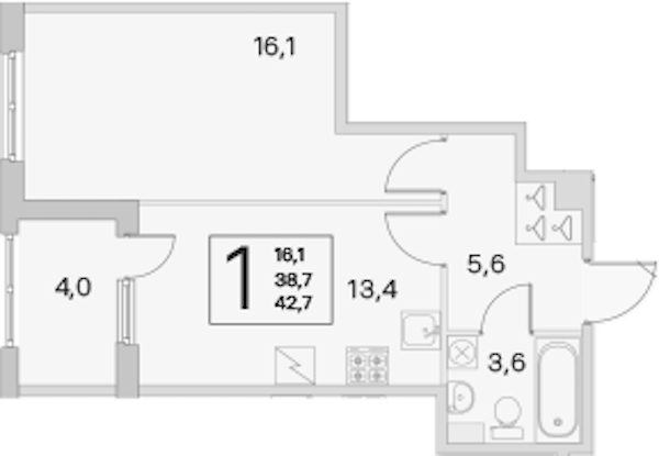 1-комнатная квартира 38.7 м², 1/5 эт., ЖК «ЮгТаун. Олимпийские кварталы»